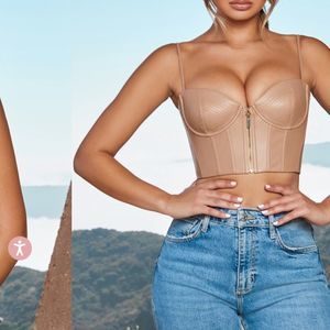Oh Polly Zip Into Shape Faux Leather Underwired Bustier Crop Top in Stone